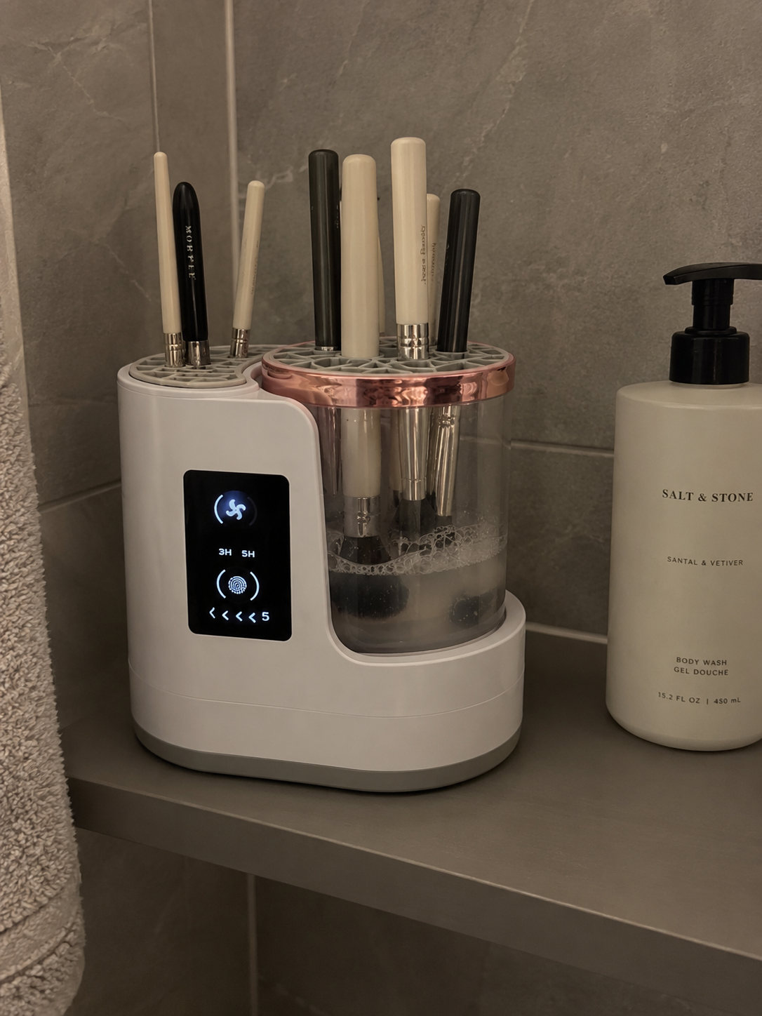 Zayaco brush cleaner at Chloe T.’s vanity