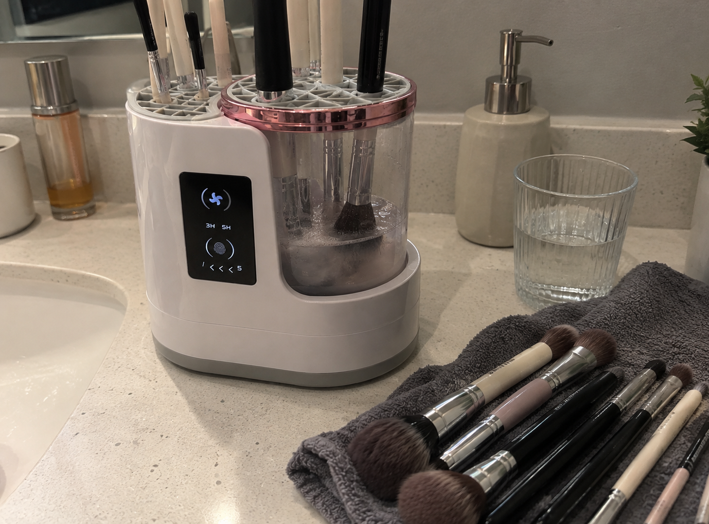 Zayaco brush cleaner at Sarah M.’s vanity