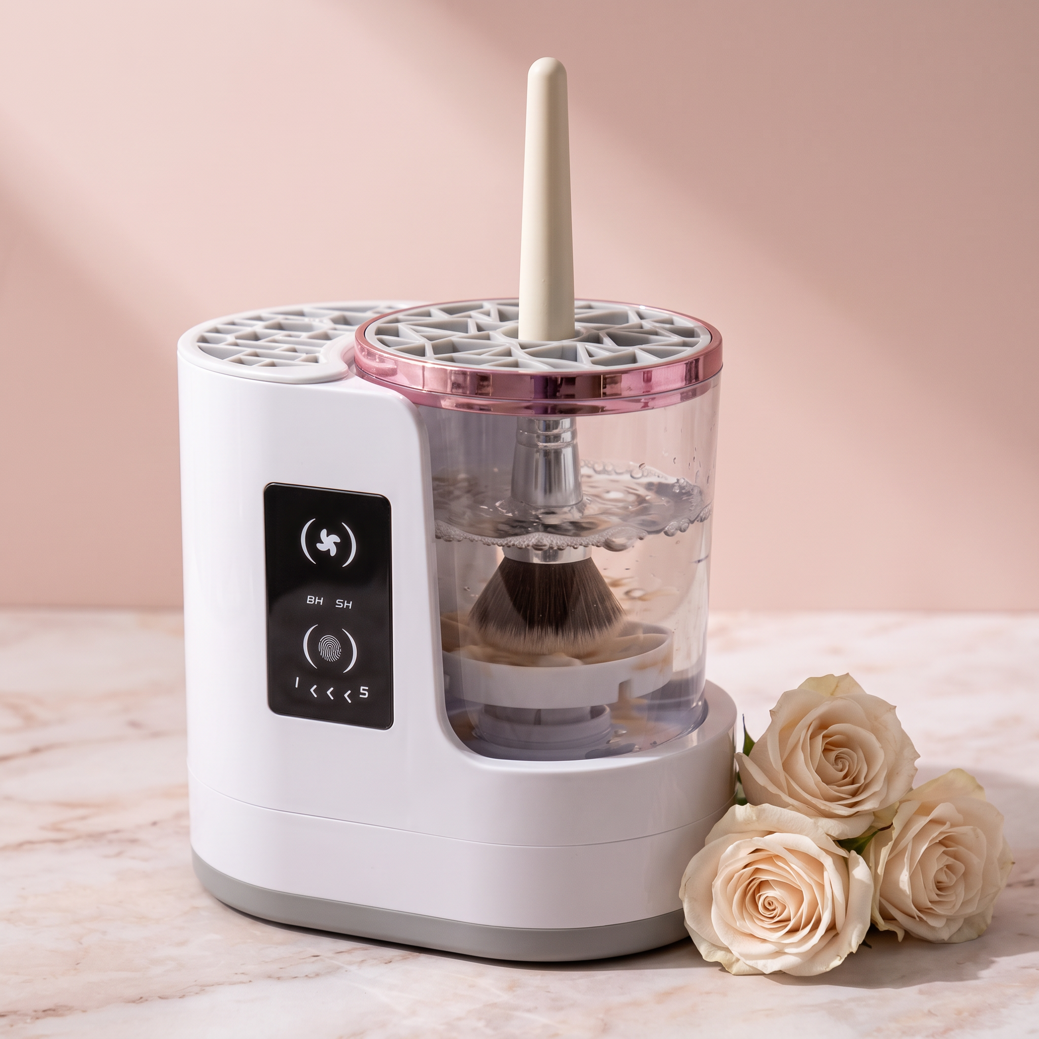 Zayaco Electric Makeup Brush Cleaner styled with pink roses on a marble vanity